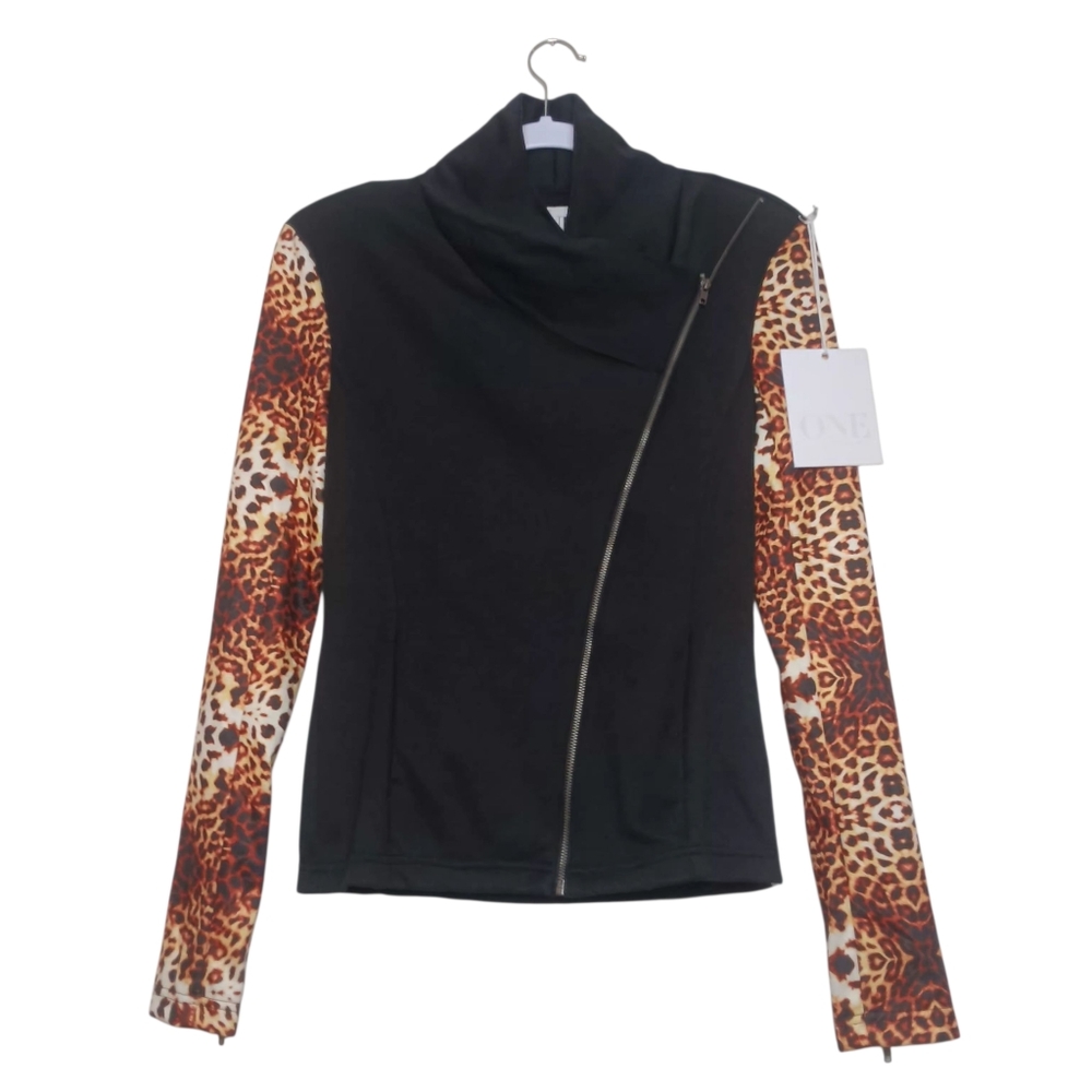 ONETEASPOON Moto Style Jacket Black Leopard Sleeves Size SMALL New NWT